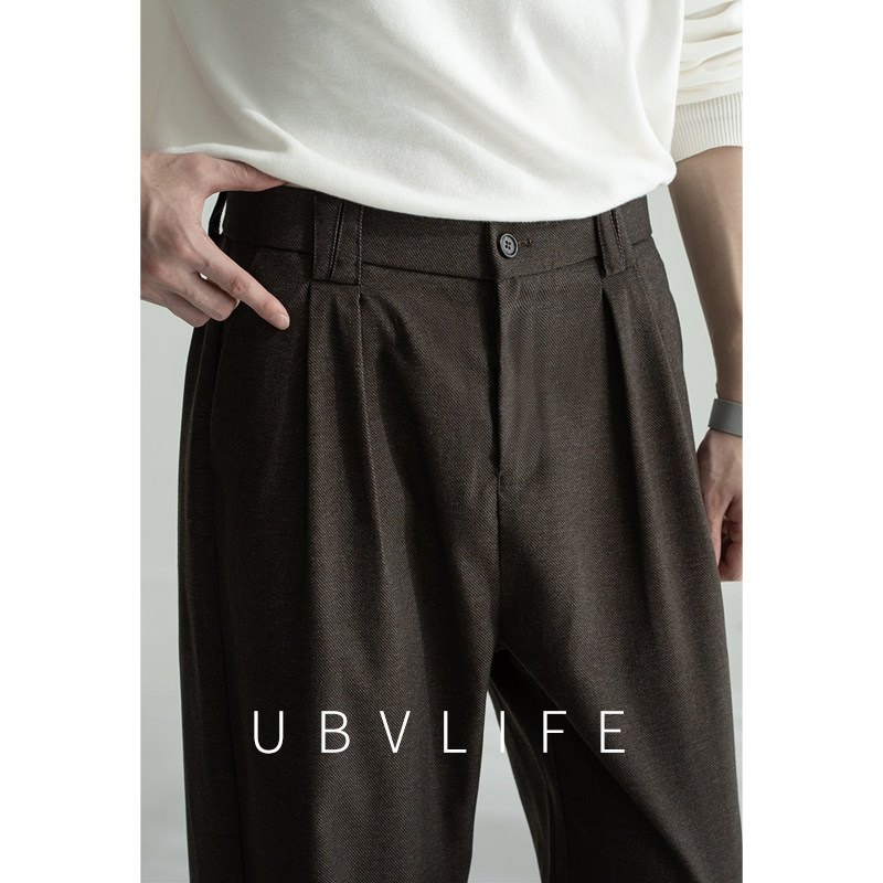 UBV轻商务通勤后腰松紧双褶阔腿西裤男2026秋垂感修身直筒休闲裤