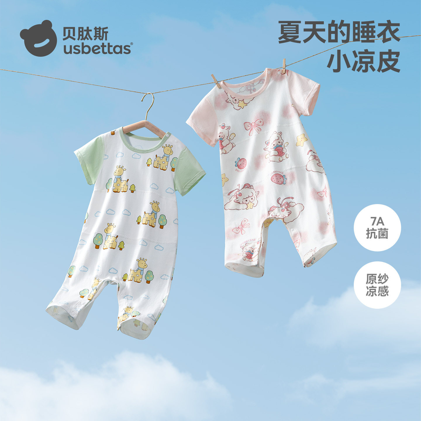 贝肽斯儿童连体睡衣夏季薄款2025新款纯棉男女宝宝短袖连身家居服