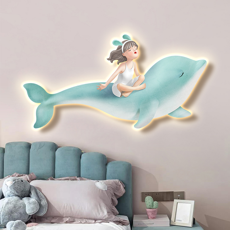 创意儿童房装饰画卡通海豚小女孩公主房房间氛围灯画卧室床头挂画