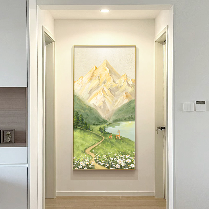日照金山入户玄关装饰画奶油风山水风景挂画流水生财走廊过道壁画