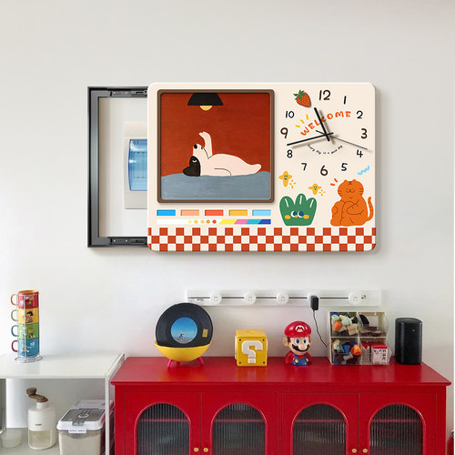 电表箱装饰画钟表多巴胺创意卡通动物遮挡配电箱挂画弱电箱盒壁画