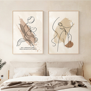 侘寂风卧室装饰画北欧原木抽象艺术线条极简人物壁画主卧床头挂画