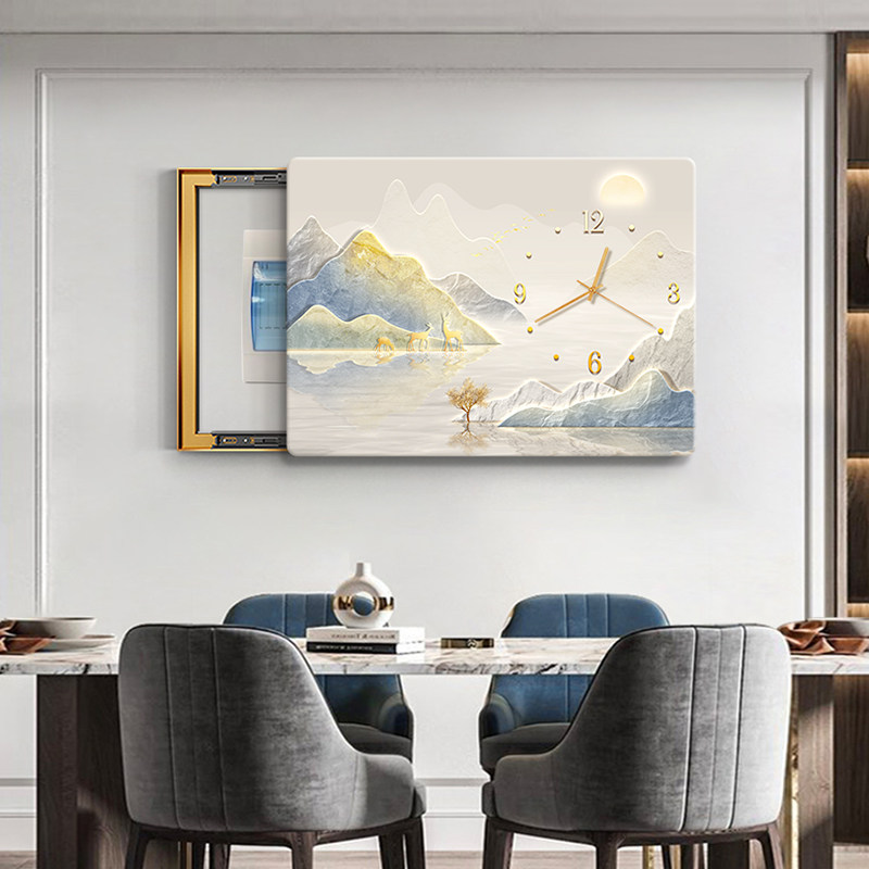 山水画电表箱装饰画带钟表轻奢新中式配电箱电闸箱总开关遮挡挂画