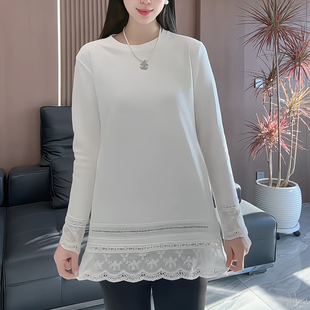 蕾丝拼接中长款 时尚 长袖 新款 休闲宽松百搭上衣 T恤女2025春季 韩版
