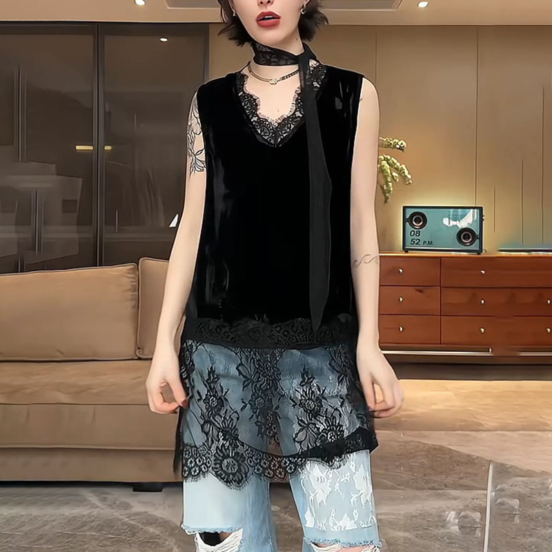 韩版小性感V领睫毛蕾丝背心裙外穿显瘦黑色丝绒拼接无袖打底背心