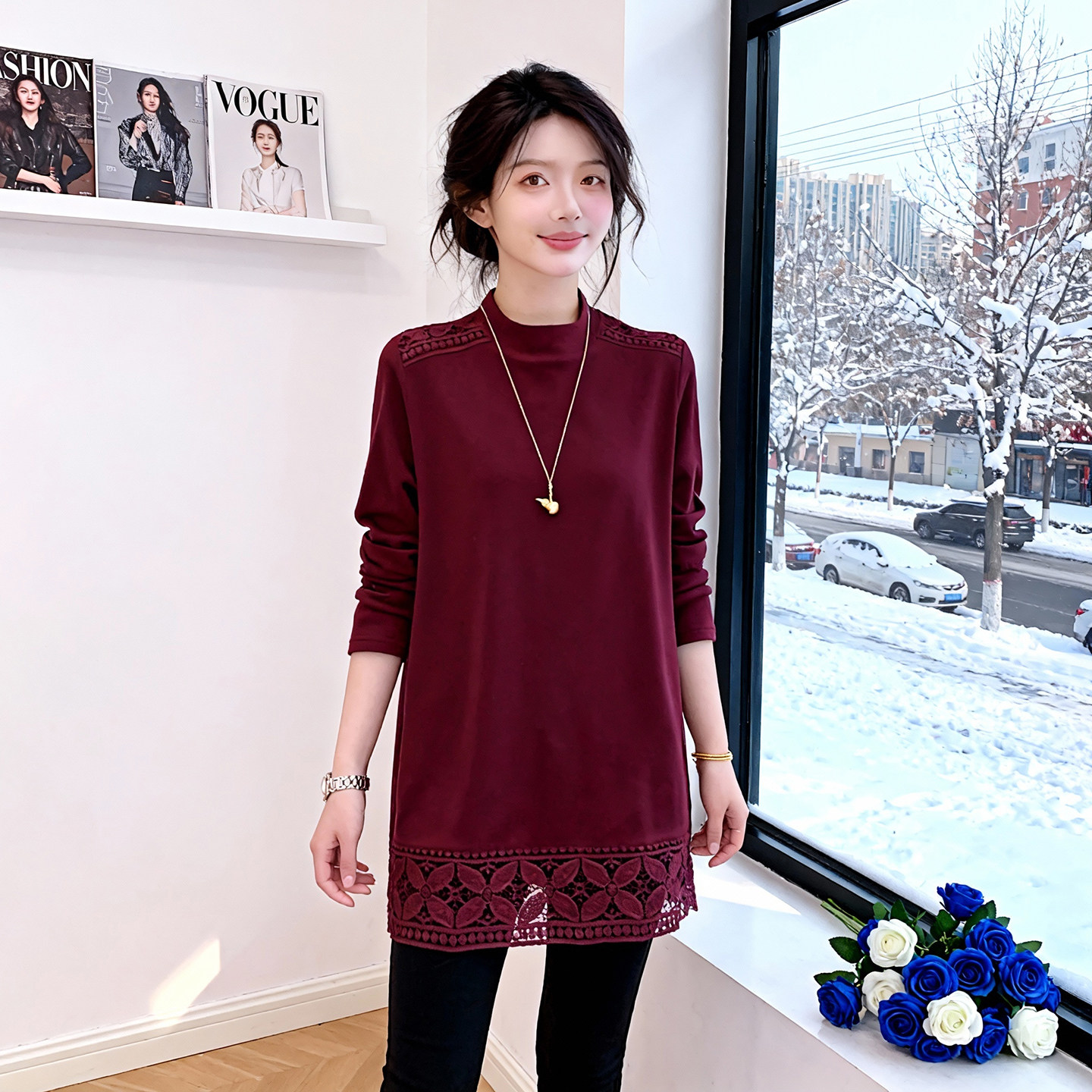 酒红色蕾丝花边中长款打底衫女秋冬新款内搭双面绒宽松长袖上衣,女装/女士精品,大码内搭,淘宝优惠券,粉丝福利购,淘宝优惠卷