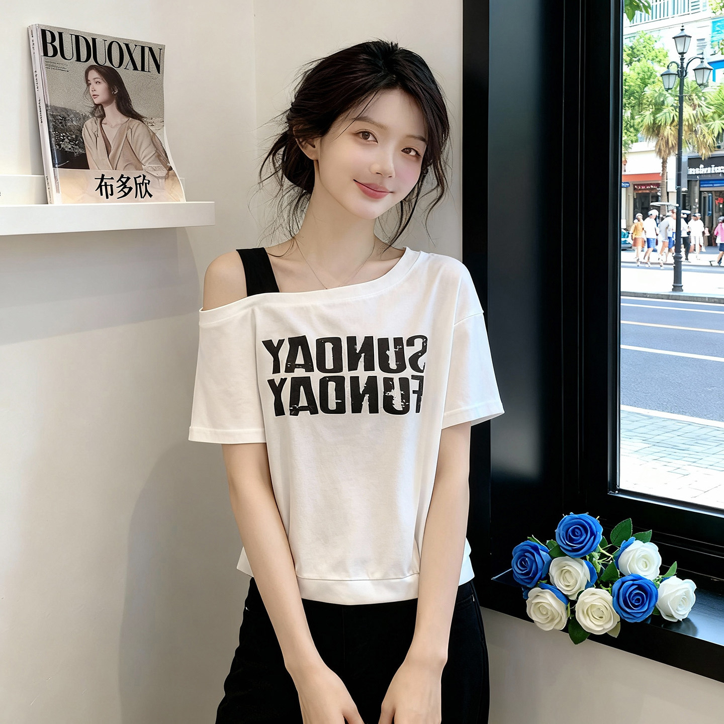 大码胖mm斜肩吊带短袖T恤女夏季新款设计感小众宽松遮肉显瘦上衣,女装/女士精品,大码内搭,淘宝优惠券,粉丝福利购,淘宝优惠卷