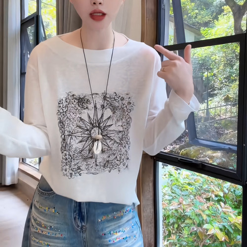 韩系复古薄款印花长袖T恤女