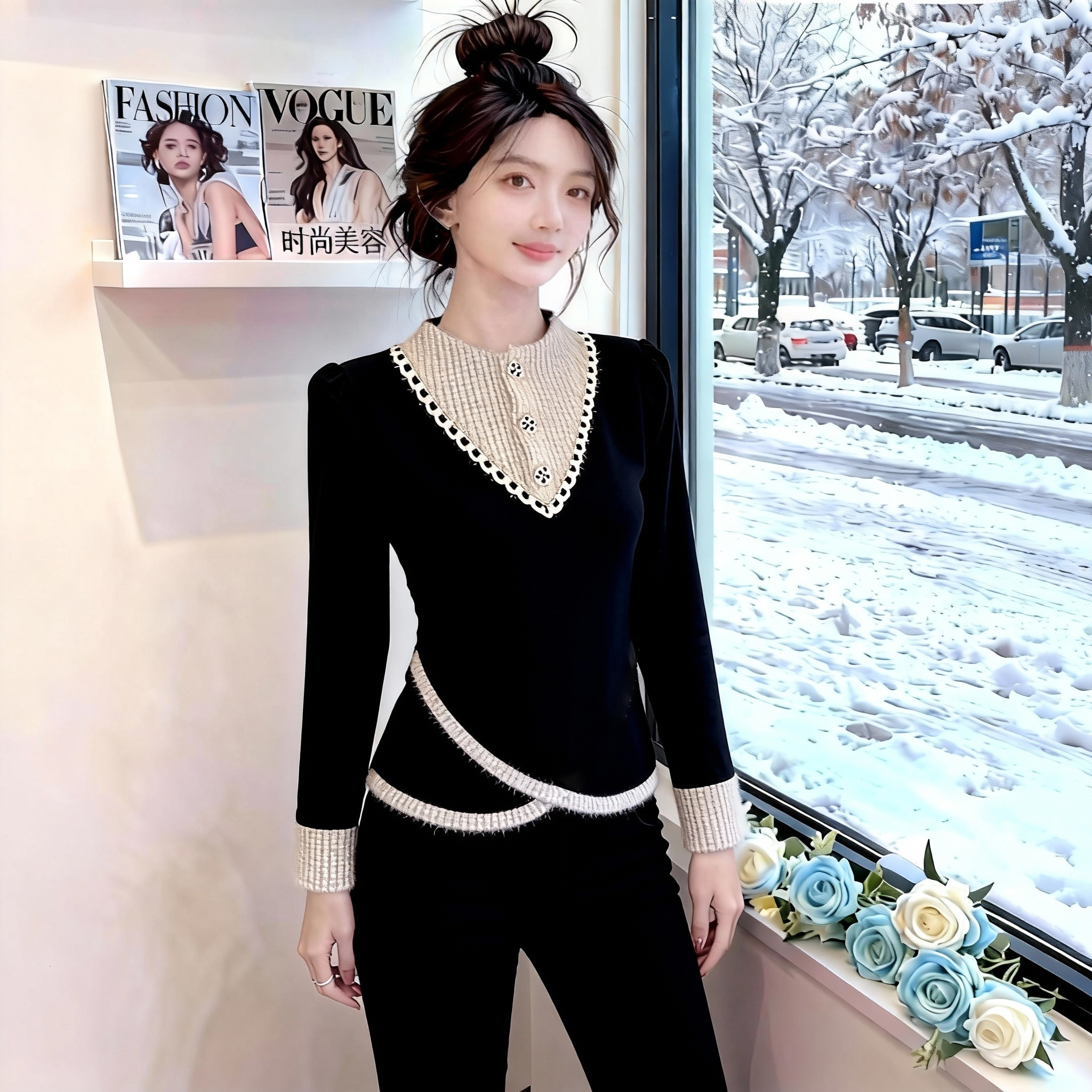 冬季新款假两件撞色拼接小香风钉珠设计时尚贵气T恤女打底衫上衣,女装/女士精品,大码内搭,淘宝优惠券,粉丝福利购,淘宝优惠卷