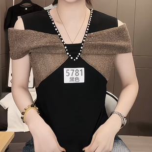 饰高级感穿搭上衣 T恤女黑色珍珠装 布多欣法式 露肩V领短袖