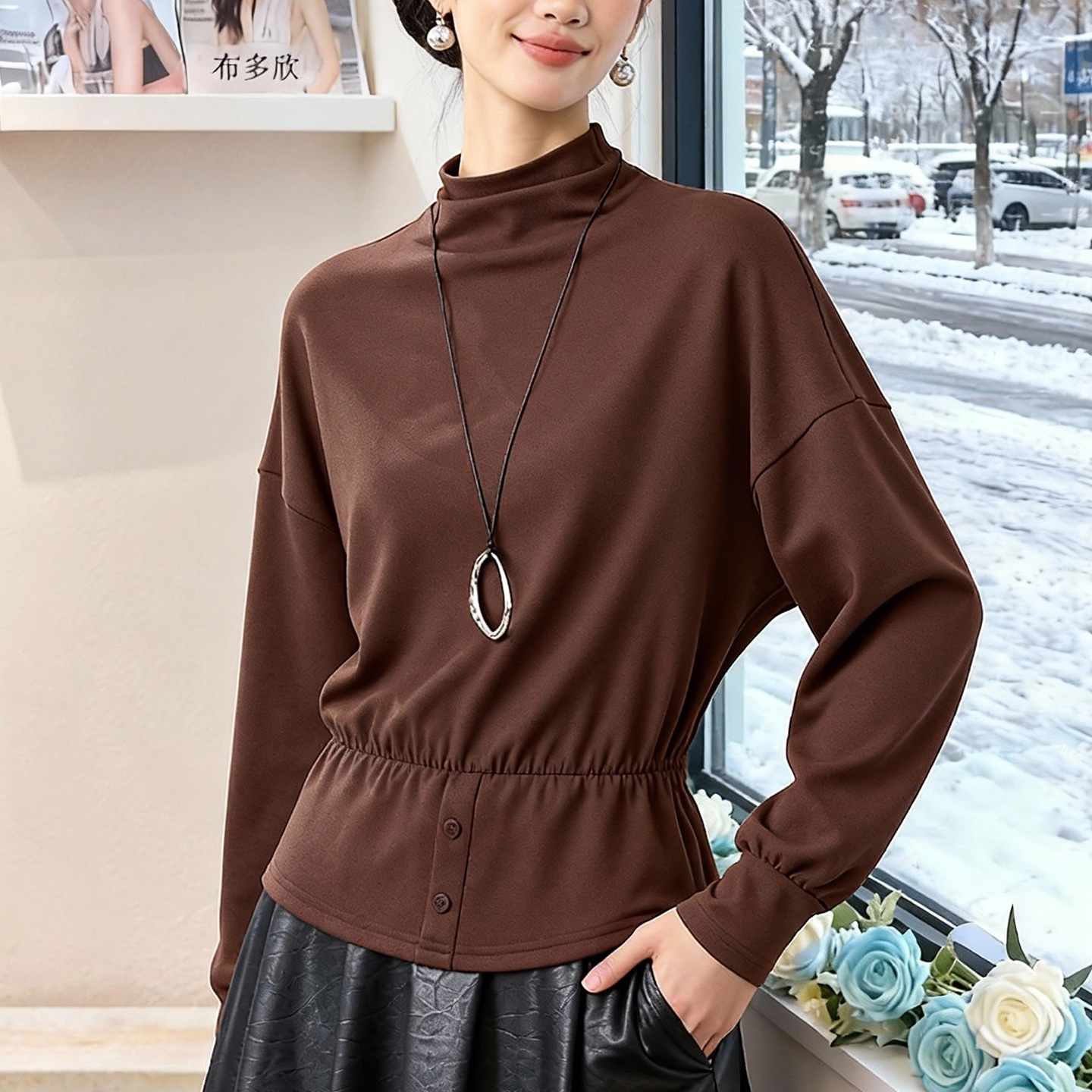 布多欣高领长袖收腰打底衫女咖色