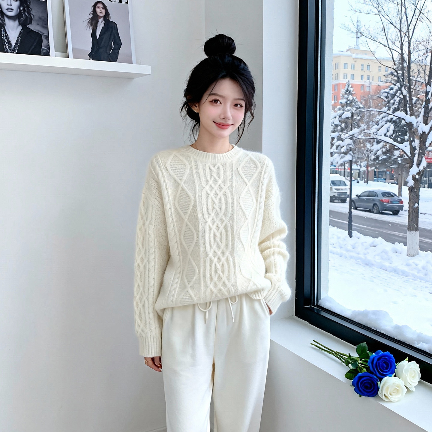 白色圆领麻花针织衫毛衣女秋冬软糯宽松外穿复古日系慵懒长袖上衣,女装/女士精品,大码内搭,淘宝优惠券,粉丝福利购,淘宝优惠卷