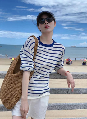 条纹长袖T恤女宽松防晒衫