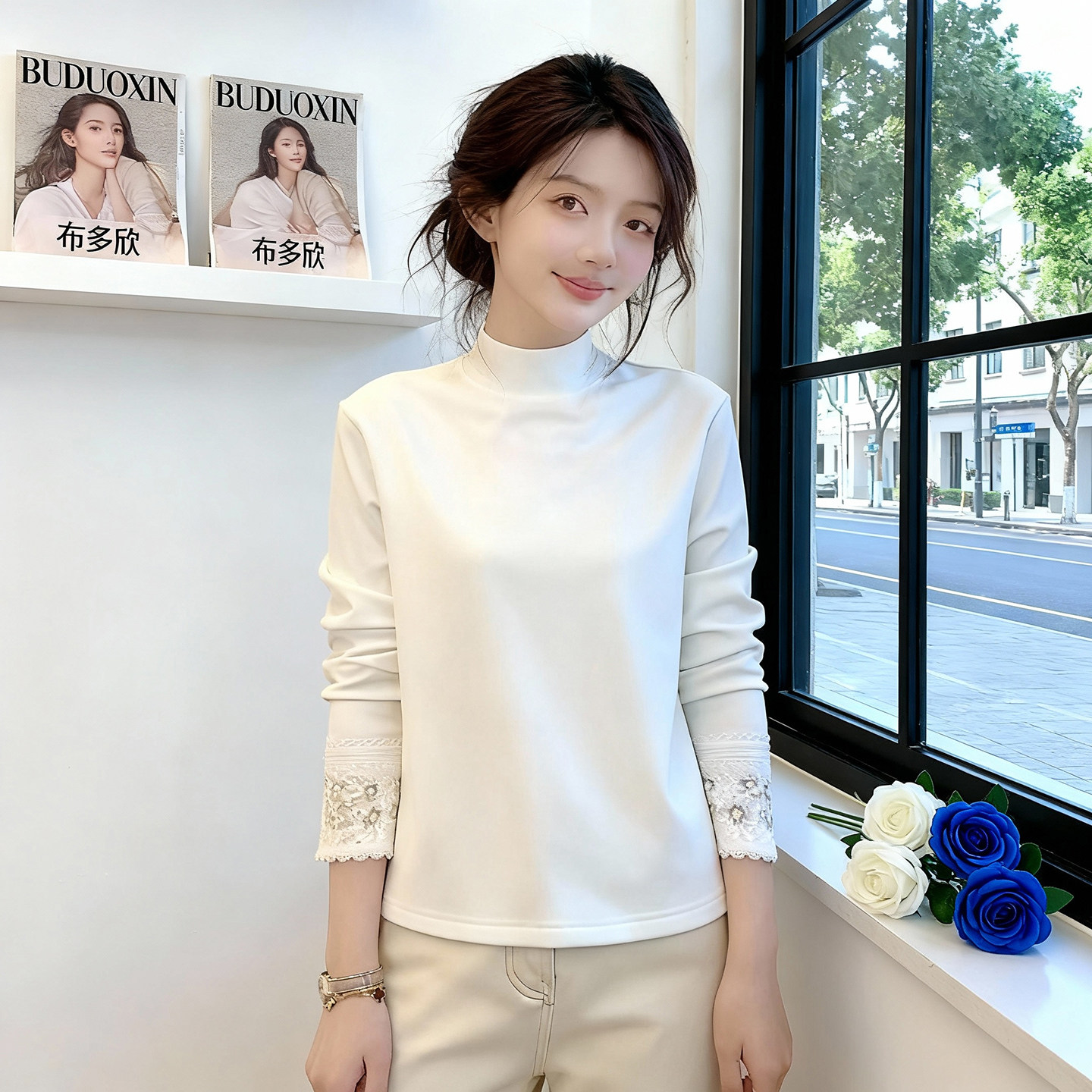 小雏菊蕾丝拼接白色打底衫女春季2026年新款内搭t恤正肩长袖上衣,女装/女士精品,大码内搭,淘宝优惠券,粉丝福利购,淘宝优惠卷