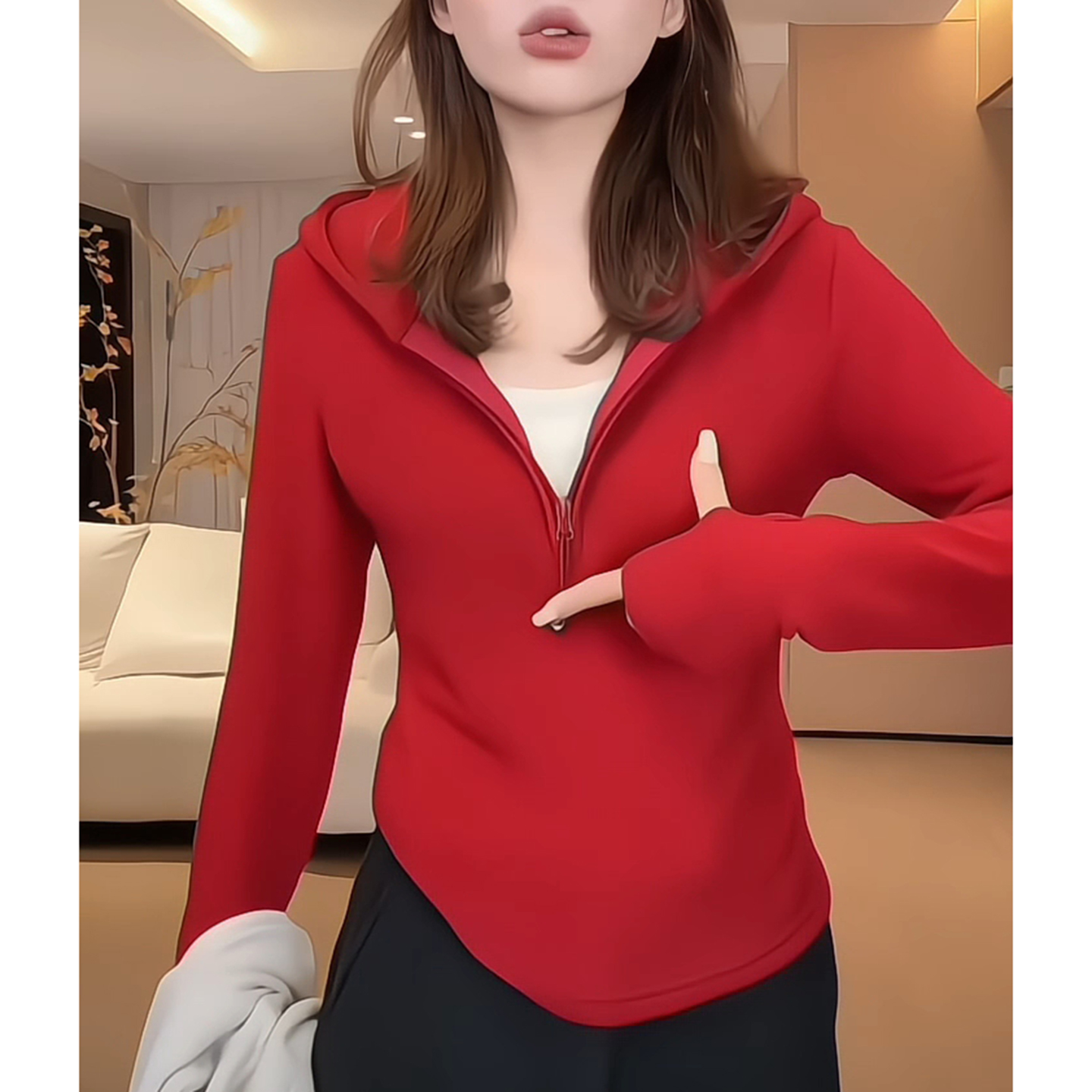 欧货德绒半拉链连帽叠穿卫衣