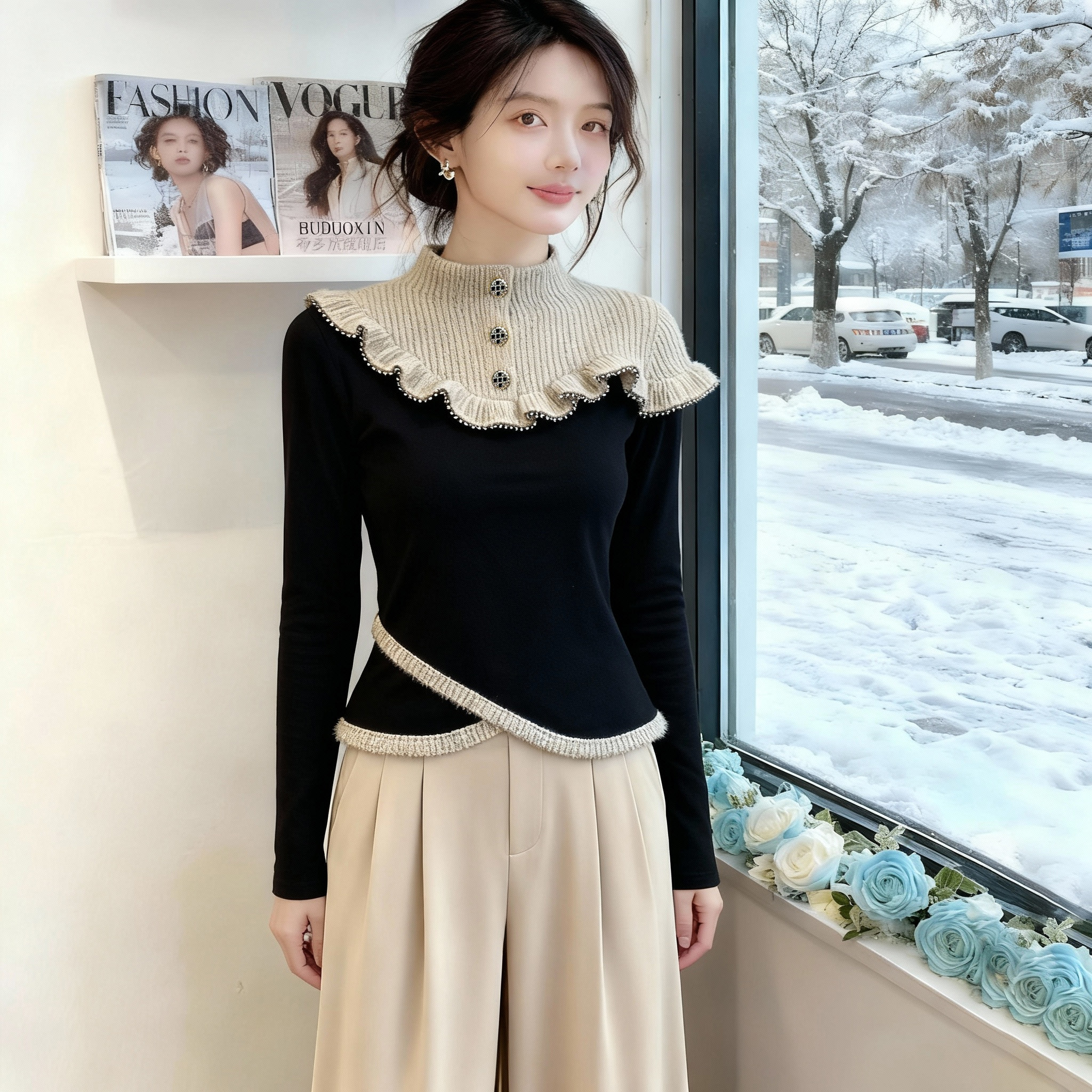 法式气质小香风撞色拼接修身长袖t恤女2025冬季新款撞色通勤上衣,女装/女士精品,大码内搭,淘宝优惠券,粉丝福利购,淘宝优惠卷