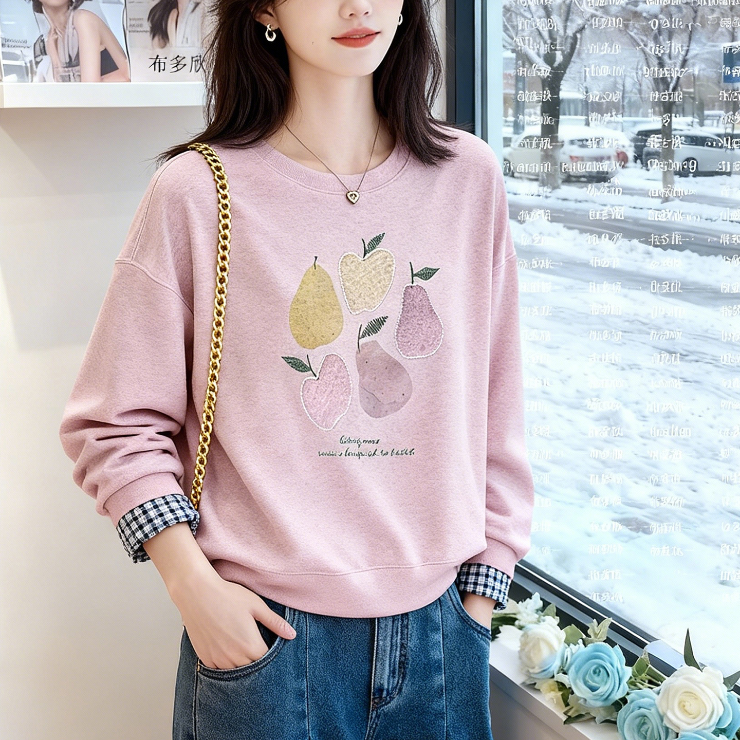 布多欣大码显瘦水果印花卫衣