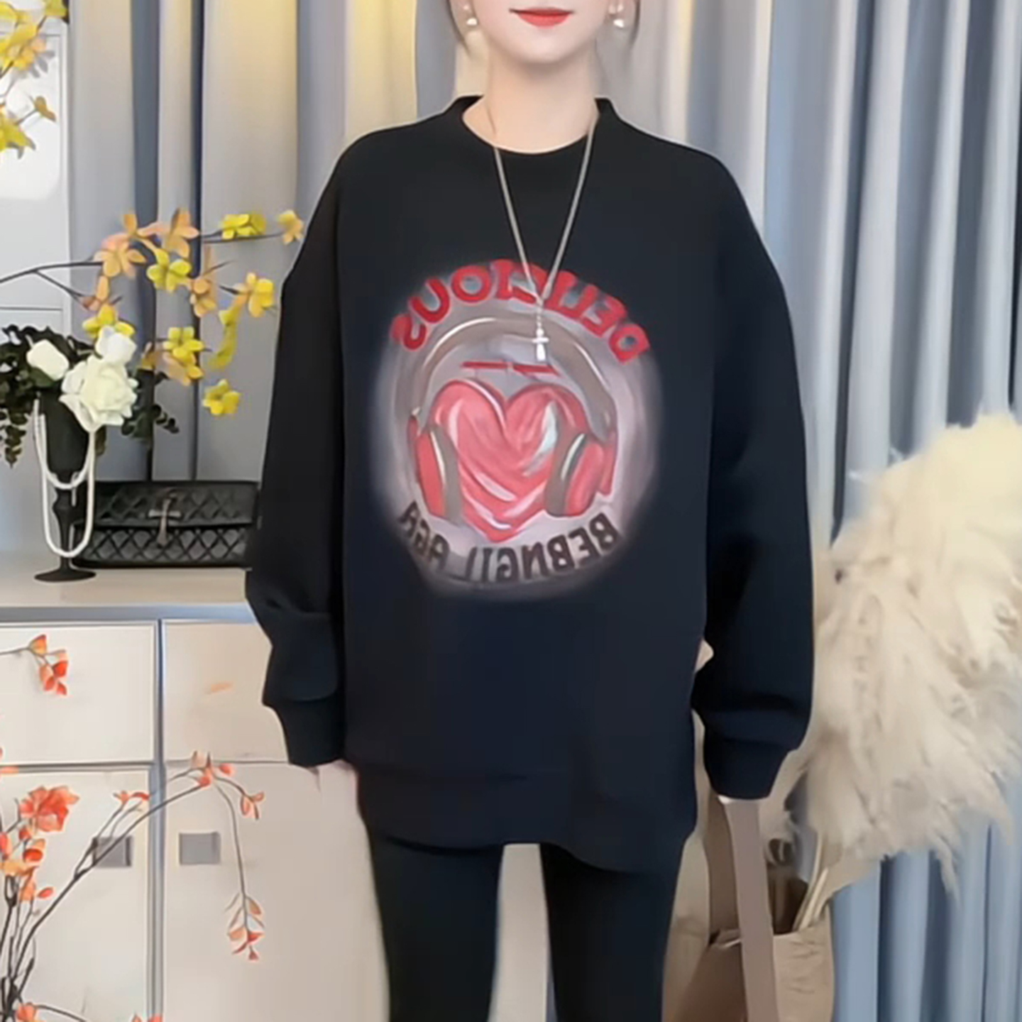 藏青色抓绒加厚卫衣女士秋冬