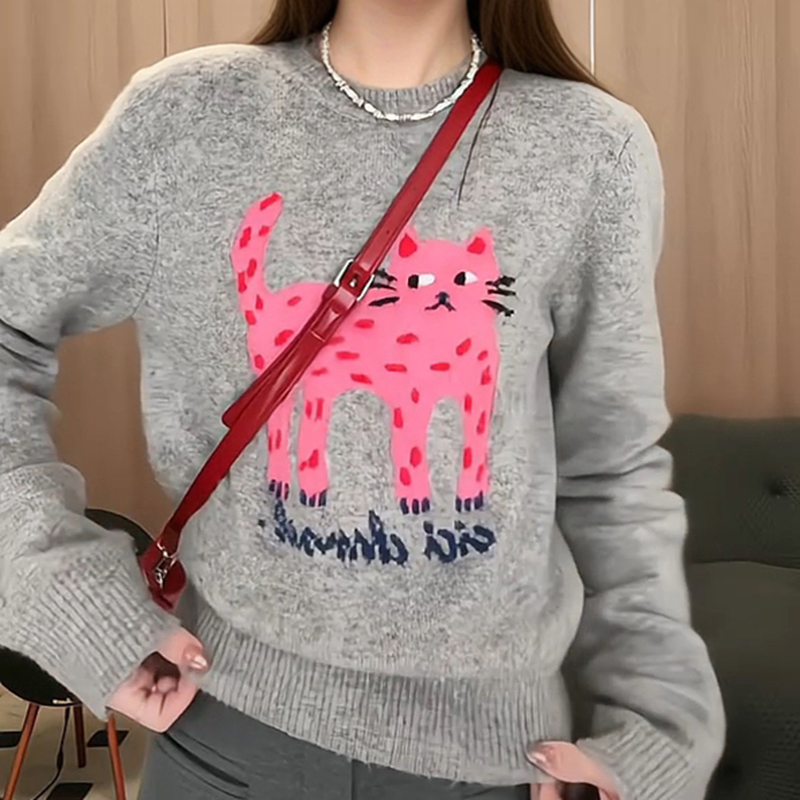 卡通猫咪刺绣针织衫女