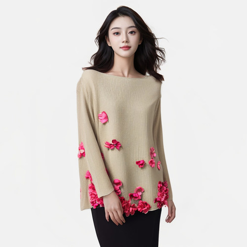 喇叭袖立体花朵毛衣秋冬