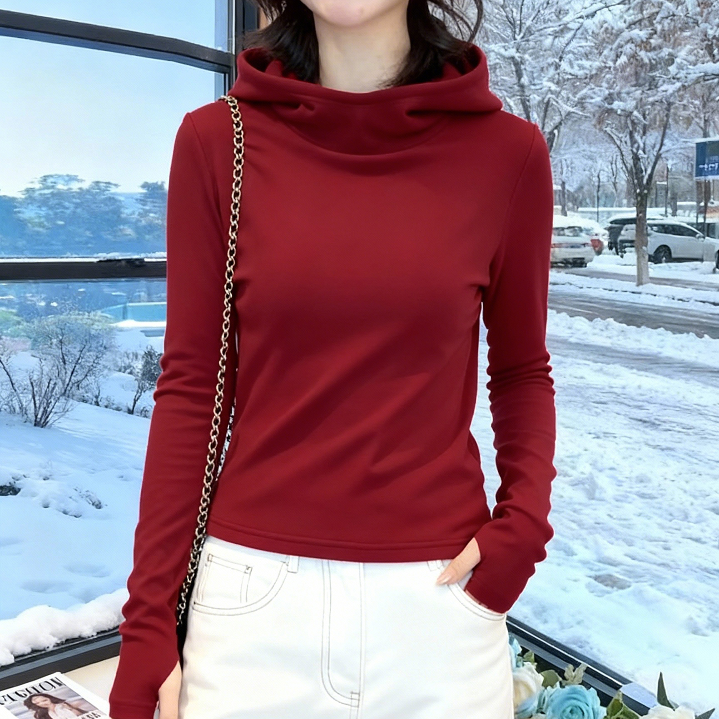 布多欣大码红色连帽遮肉打底衫