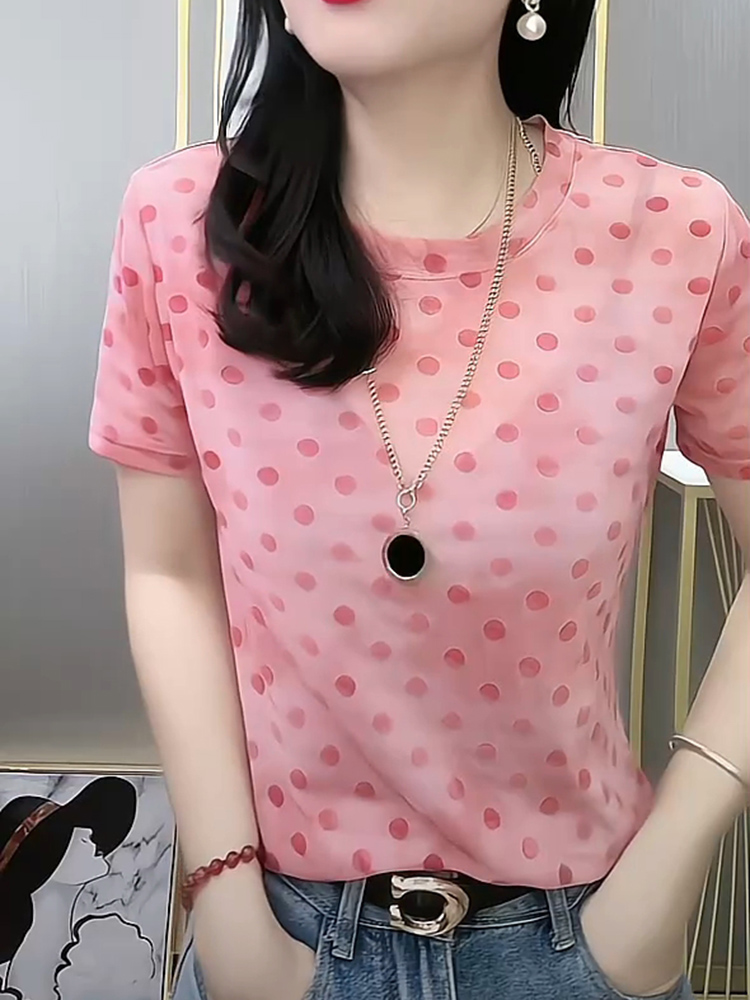 欧货潮流印花短袖网纱打底衫T恤女2024夏季薄款圆领修身上衣显瘦