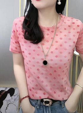 印花短袖网纱打底衫T恤女