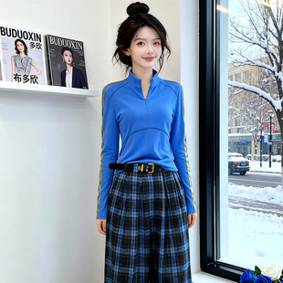 布多欣2025新款 上衣女设计感百搭休闲内搭 蓝色立领长袖