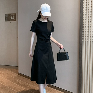 奥代尔短袖 显瘦长裙纯棉黑色夏季 连衣裙女 修身 休闲韩国高腰中长款