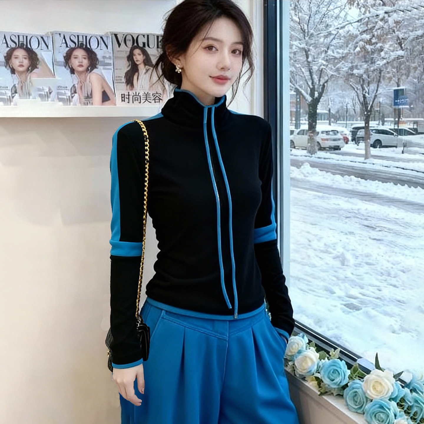 撞色拼接高领拉链卫衣女