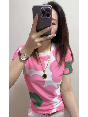 设计感花朵印花双层网纱短袖T恤女2024夏季新款修身显瘦气质上衣