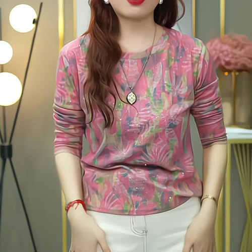 妈妈装圆领长袖减龄T恤女