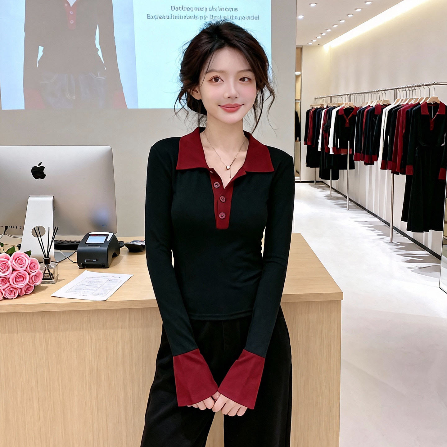 设计感撞色Polo领长袖t恤打底衫女2025秋季新款修身显瘦内搭上衣,女装/女士精品,大码内搭,淘宝优惠券,粉丝福利购,淘宝优惠卷