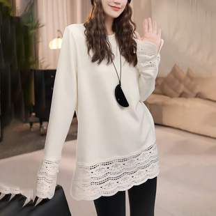 上衣 T恤女秋冬巨好看漂亮显瘦内搭打底衫 法式 蕾丝镂空加绒中长款