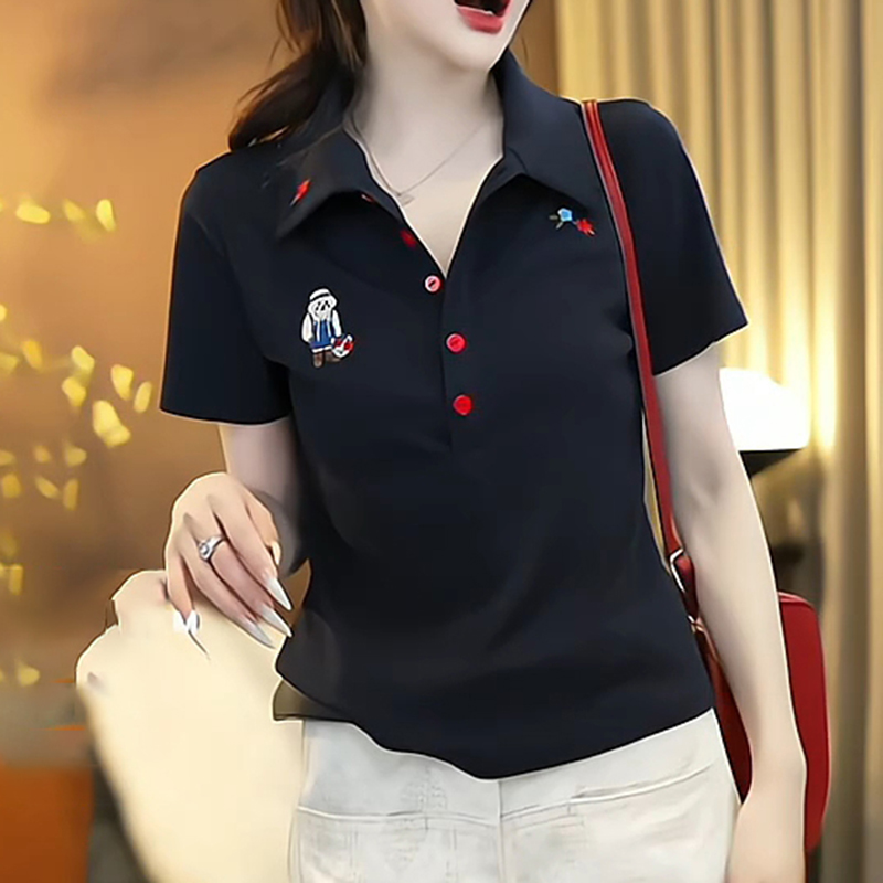 设计感彩色刺绣短袖翻领衬衫女