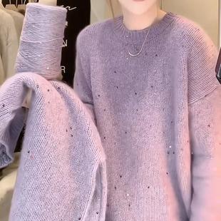 大码 上衣 慵懒温柔紫色毛衣针织衫 女秋冬微胖mm宽松显瘦内搭打底衫