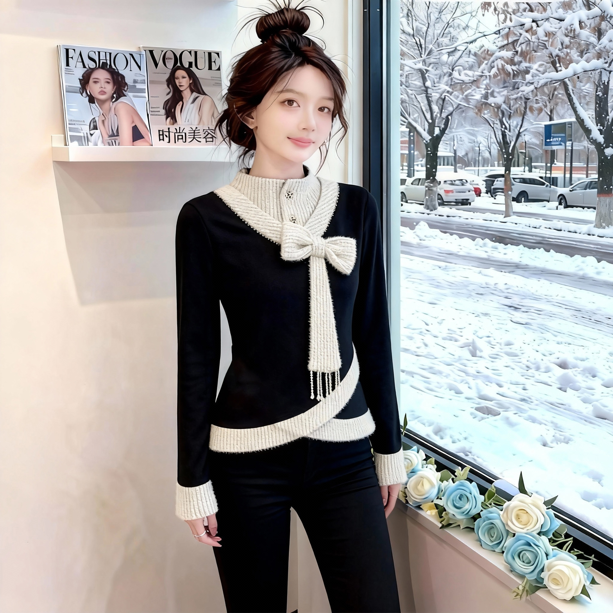 设计感蝴蝶结撞色假两件长袖针织衫女装2025冬季新款显瘦内搭上衣,女装/女士精品,大码内搭,淘宝优惠券,粉丝福利购,淘宝优惠卷