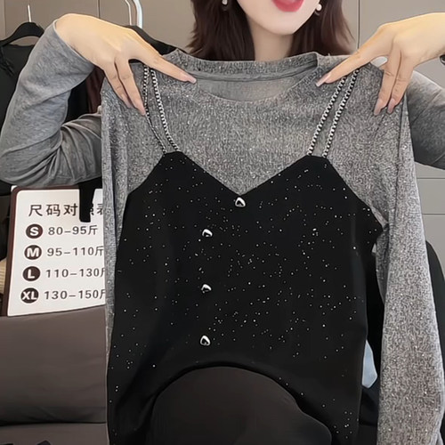 假两件拼接烫钻亮闪闪短袖t恤女