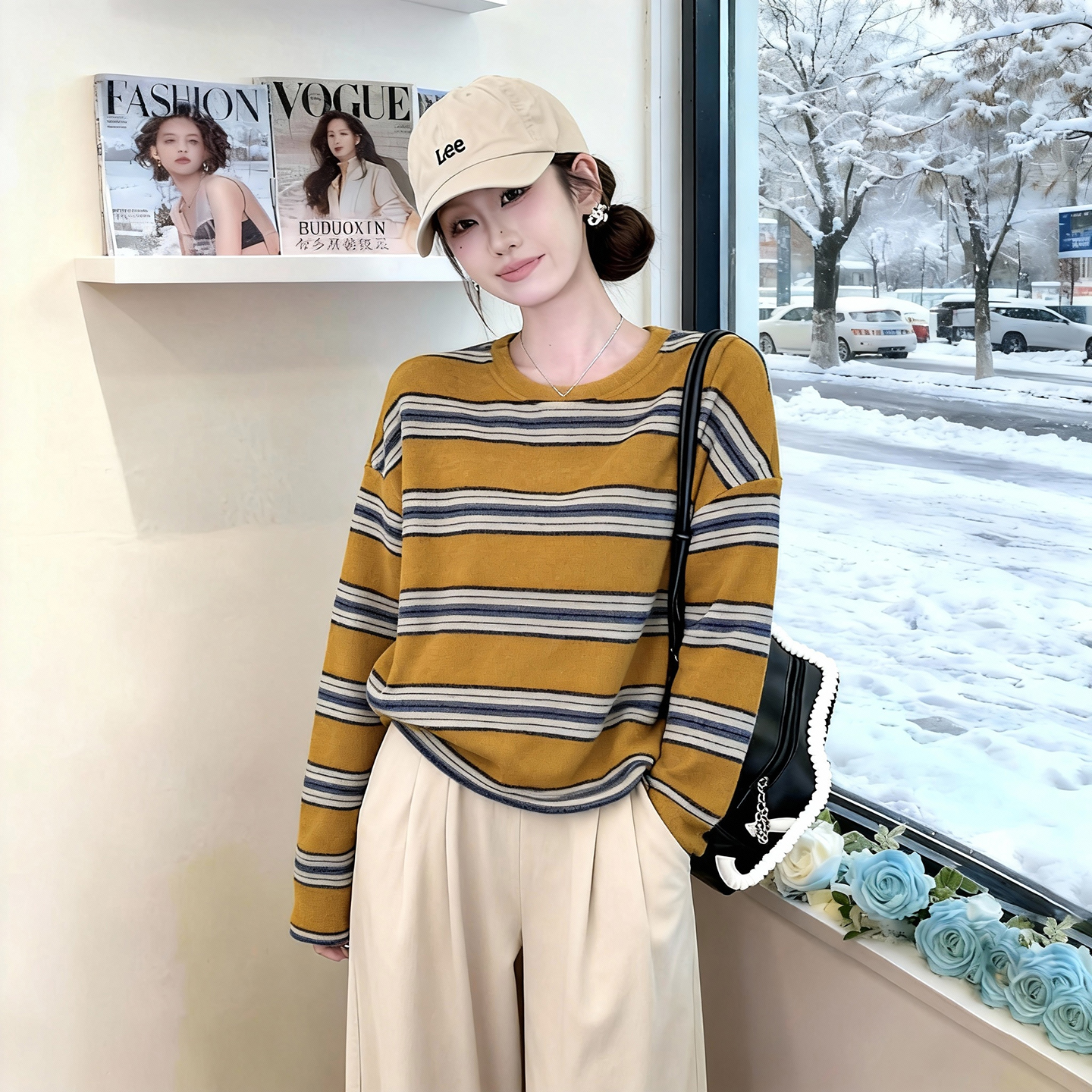布多欣韩系条纹宽松显瘦长袖T恤
