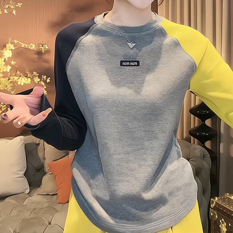 彩色潮流拼接圆领长袖t恤女