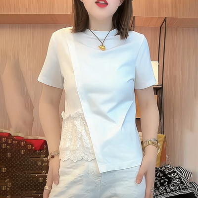 纯棉不规则圆领白色短袖t恤女