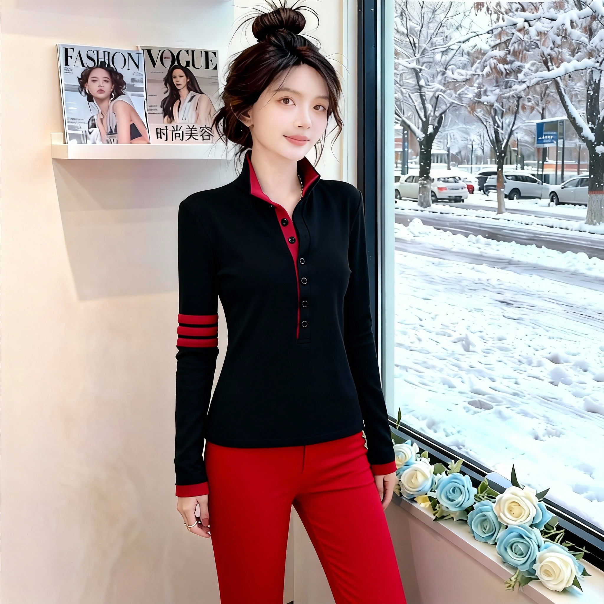 假两件半开领打底衫女2025秋冬新款大码收腰撞色德绒内搭打底衫女,女装/女士精品,大码内搭,淘宝优惠券,粉丝福利购,淘宝优惠卷