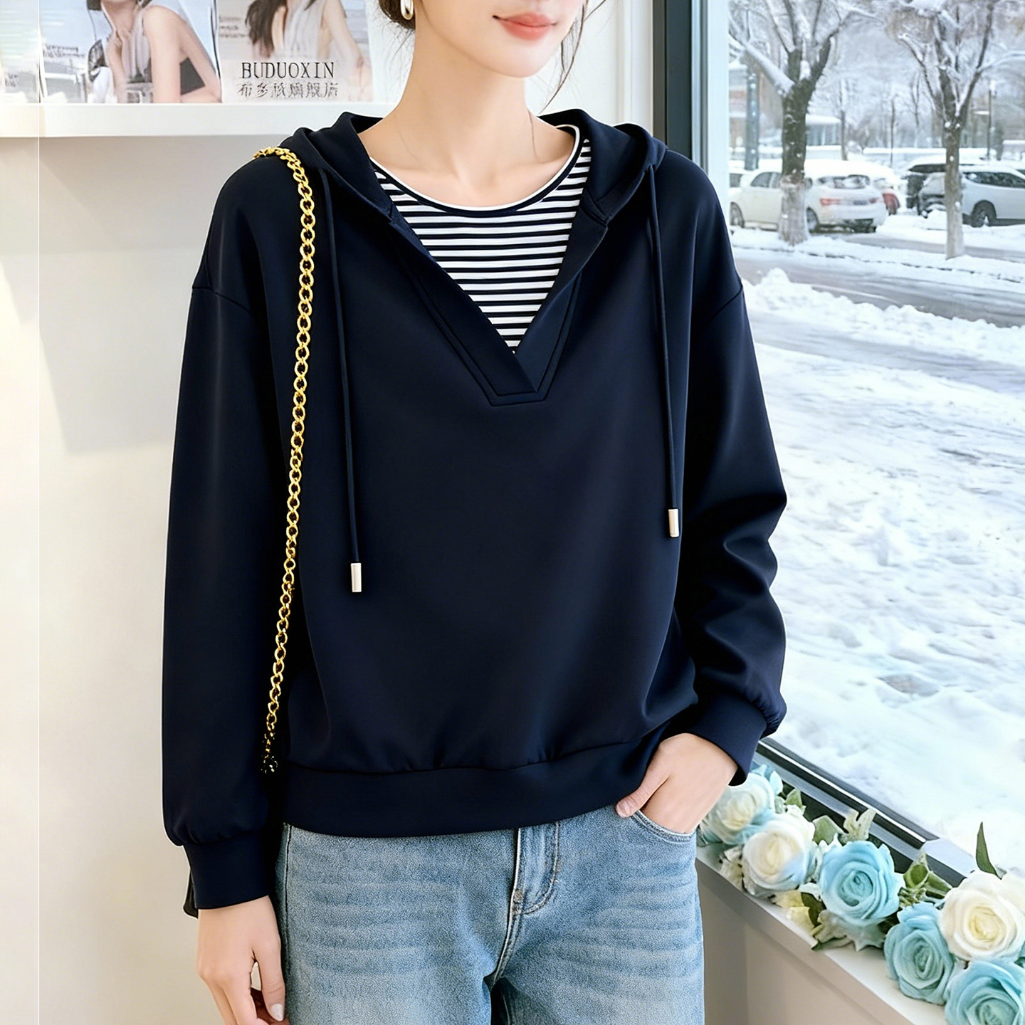 布多欣大码假两件显瘦连帽卫衣