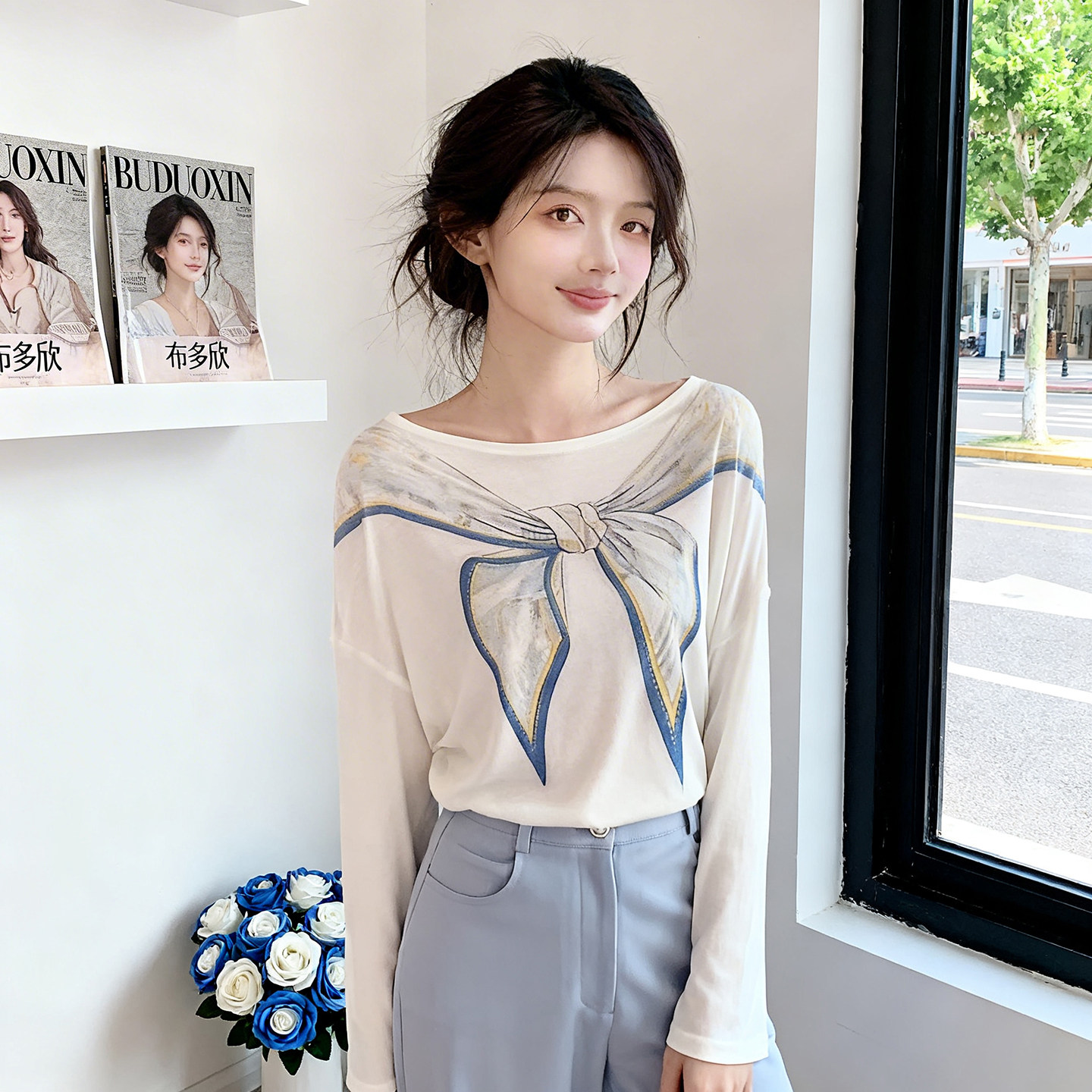 韩系趣味蝴蝶结印花长袖t恤女2026秋季新款设计感休闲小众上衣潮