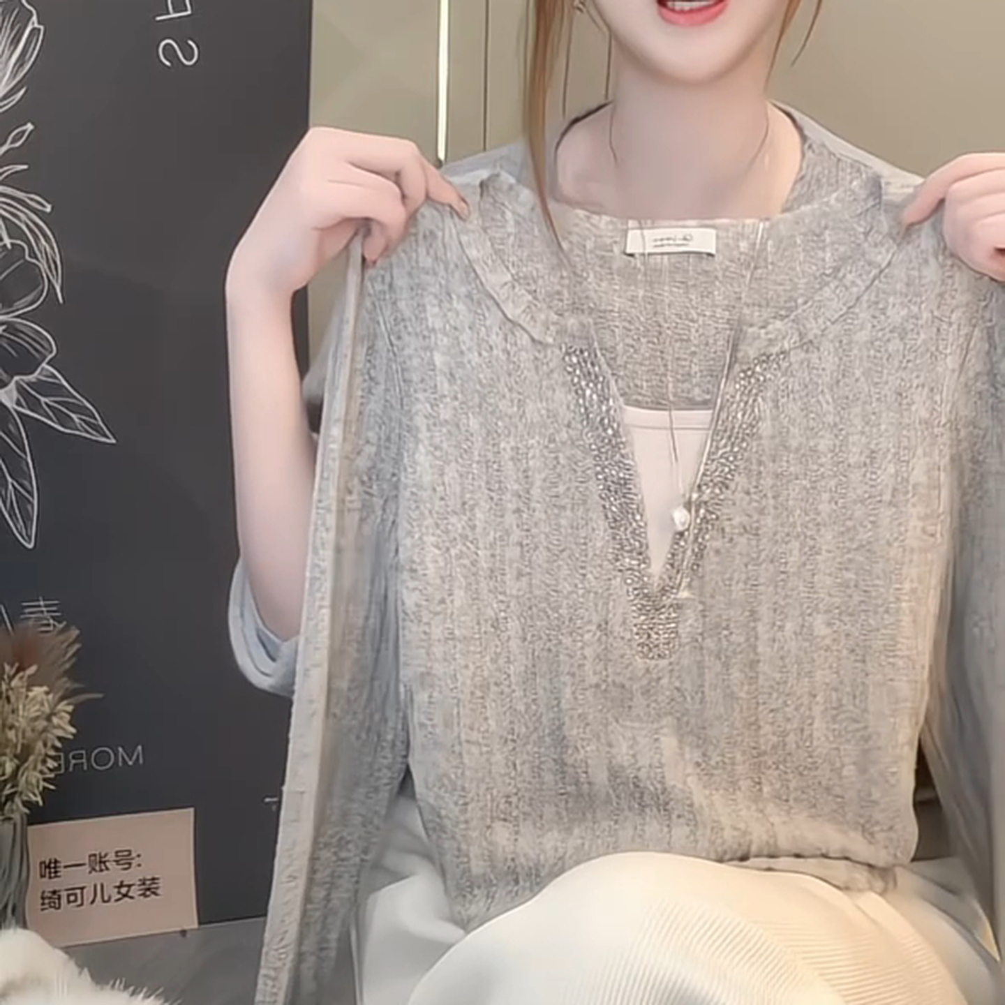 大码欧货重工烫钻V领假两件T恤