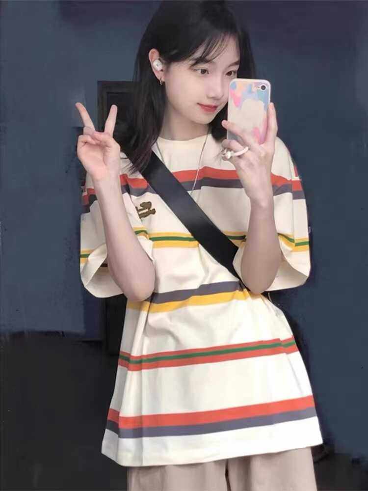 纯棉短袖t恤女夏宽松中长款夏季复古彩虹条纹日系甜美风上衣ins潮