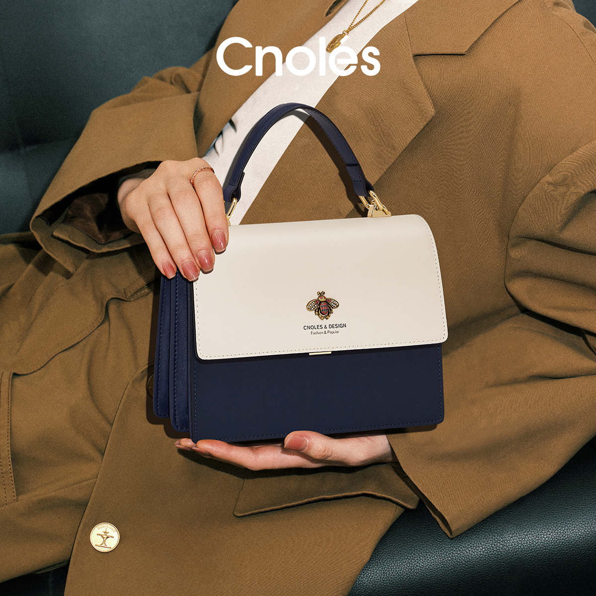 Cnoles蔻一小蜜蜂包包女新款秋冬轻奢时尚牛皮斜挎包手提包小方包