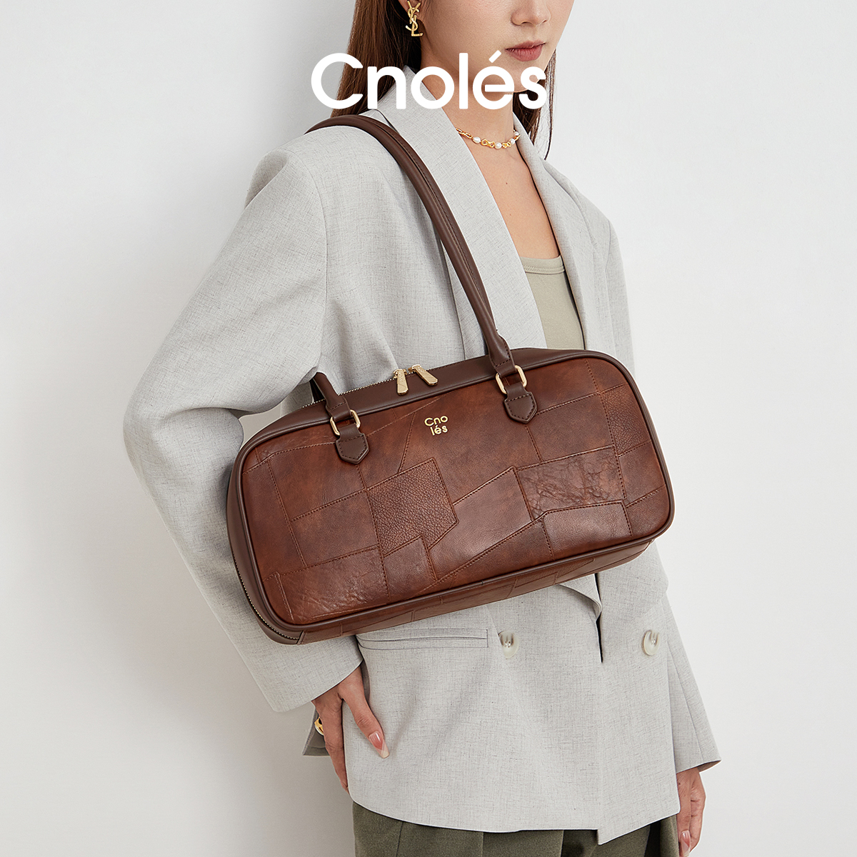 复古波士顿包女质感拼接大容量