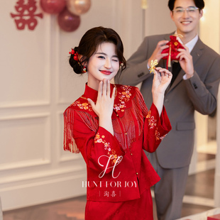 淘喜原创「宁洛」红色出阁新中式 新娘旗袍敬酒服礼服 流苏披肩套装