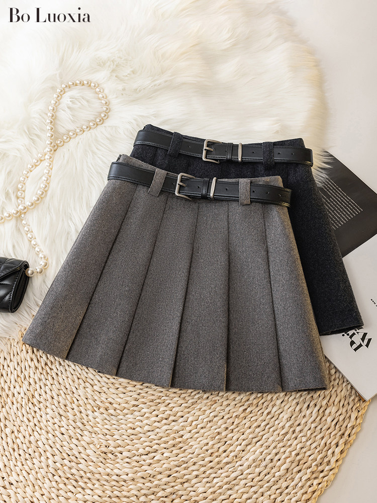 毛呢百褶裙短裙女秋冬季2025新款高腰学院风A字裙显瘦羊毛半身裙
